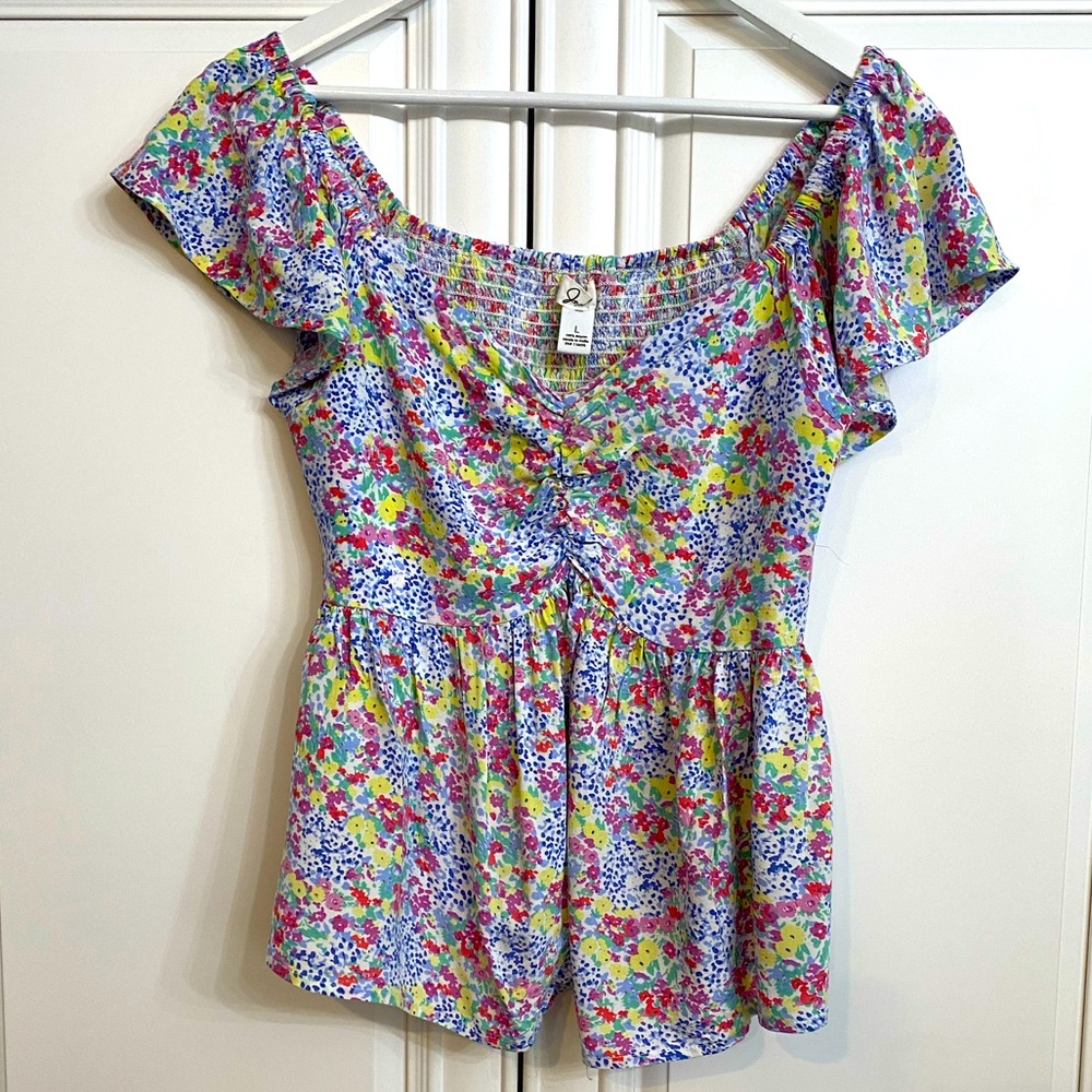 Japna Women’s Size Large Short Sleeve V Neck Smocked Babydoll Top Multi Colour